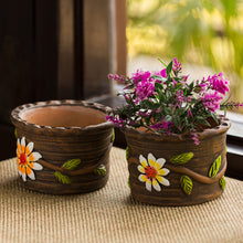 Load image into Gallery viewer, 'Mud Blossom Pair' Handmade & Hand-painted Planter Pots In Terracotta (4 Inch, Set of 2)