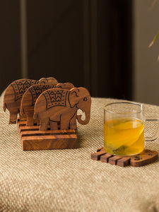 'The Elephant Warriors' Hand Carved Coasters With Stand In Sheesham Wood (Set of 4)