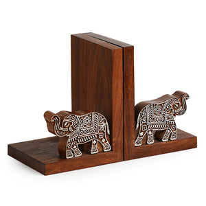 'Elephants' Trunk Up' Hand Carved Book End In Sheesham Wood