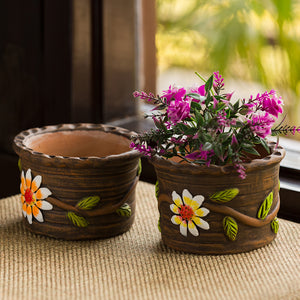 'Mud Blossom Pair' Handmade & Hand-painted Planter Pots In Terracotta (4 Inch, Set of 2)