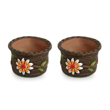 Load image into Gallery viewer, &#39;Mud Blossom Pair&#39; Handmade &amp; Hand-painted Planter Pots In Terracotta (4 Inch, Set of 2)

