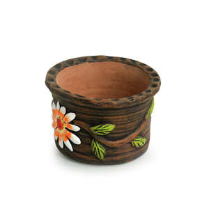 'Mud Blossom Pair' Handmade & Hand-painted Planter Pots In Terracotta (4 Inch, Set of 2)